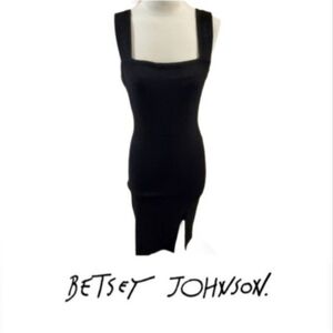 Betsey Johnson Black Midi Textured Knit Tank Slit Dress Y2K Stretch Basic Sexy